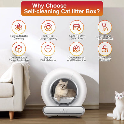 Smart Self-Cleaning Cat Litter Box | 65L + 9L