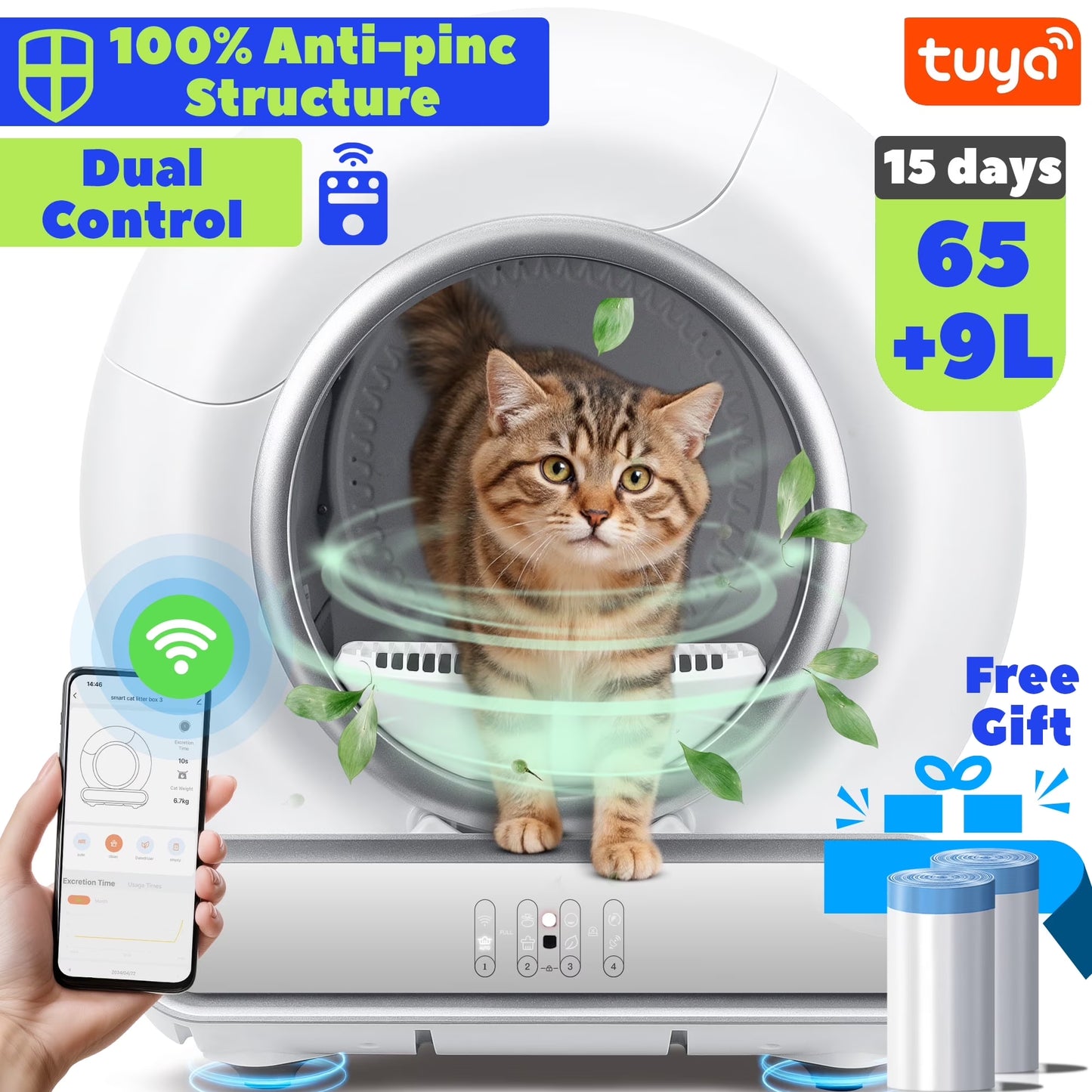 Smart Self-Cleaning Cat Litter Box | 65L + 9L