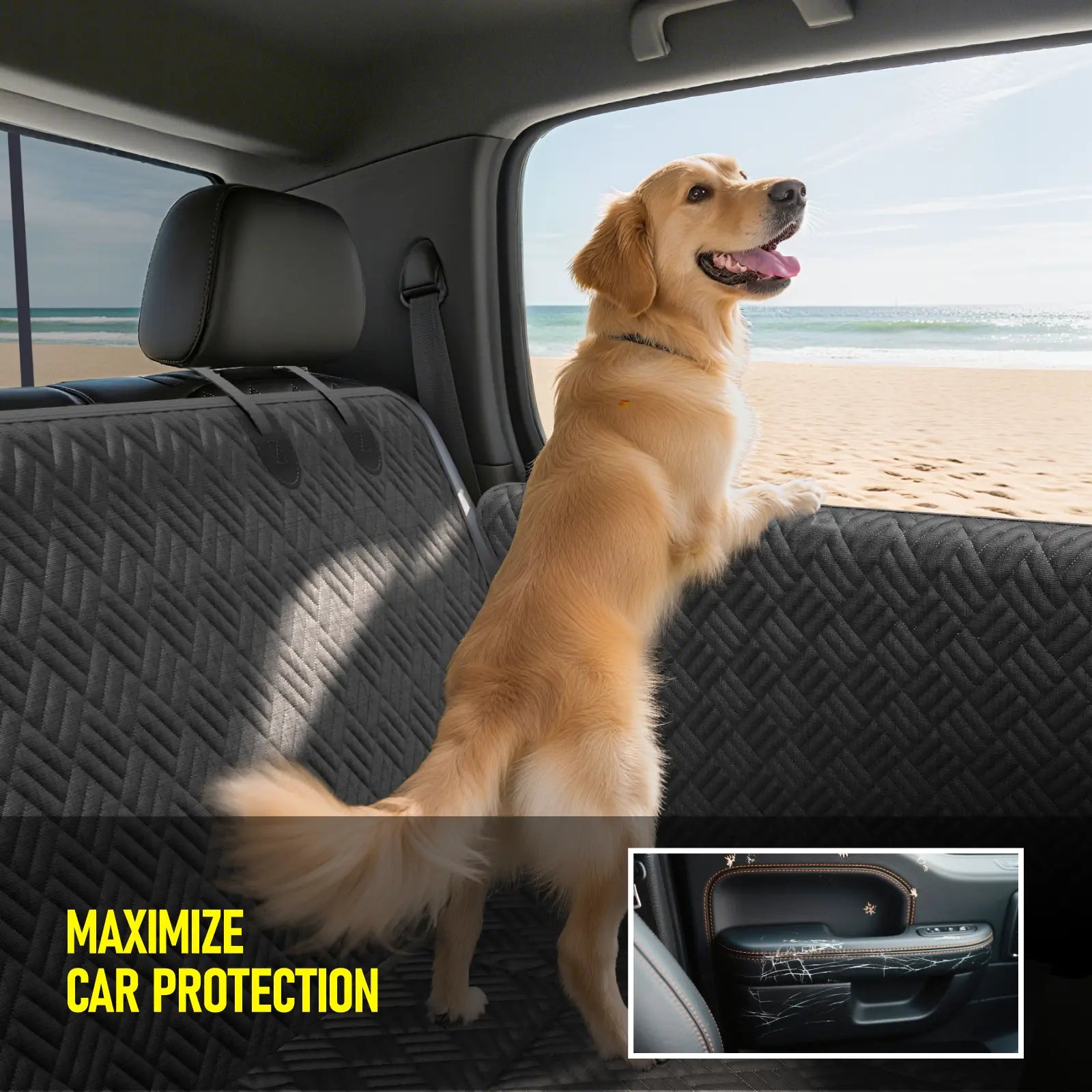 Dog Car Seat Cover with Hard Bottom, Holds up to 400Lbs | Patented Waterproof Dog Hammock Back Seat Extender for Cars, Suvs & Full-Size Trucks (Small & Large Sizes)