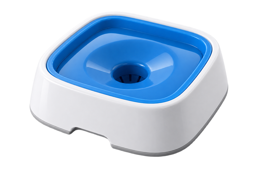 White and blue Arelio SplashGuard anti-spill pet water bowl
