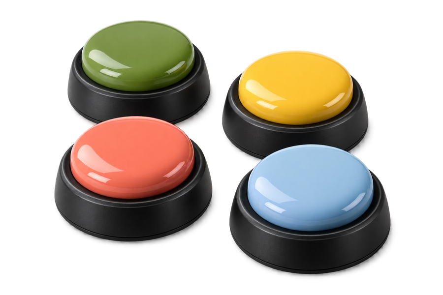 Four colorful Arelio TalkButton recordable pet communication buttons