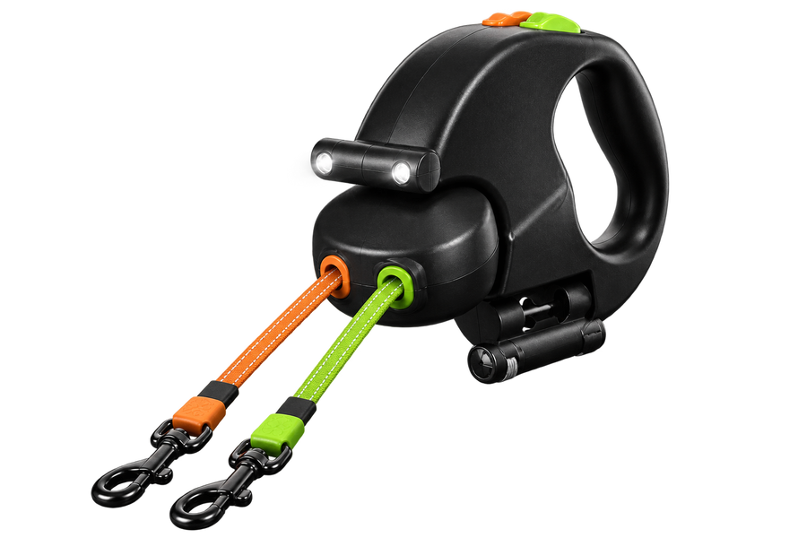 Arelio DuoWalk dual retractable leash with reflective leads and lights isolated on transparency