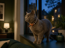 Gray cat wearing the reflective Arelio TraceCollar at blue hour